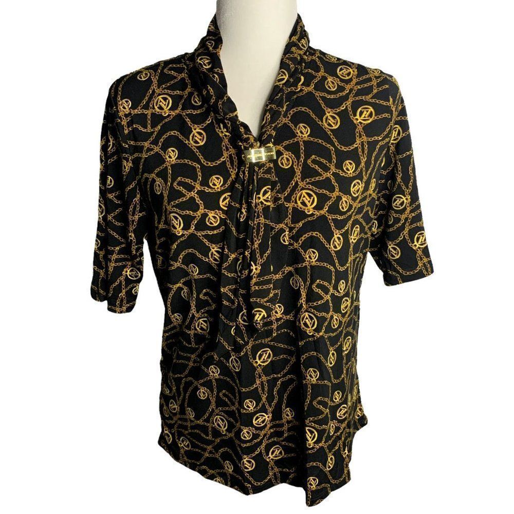Vintage Adrienne Vittadini Stretch Knit Blouse S Black Scarf Neck Short Sleeves